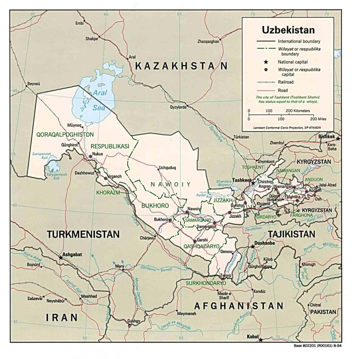 mapa Uzbequistão países vizinhos