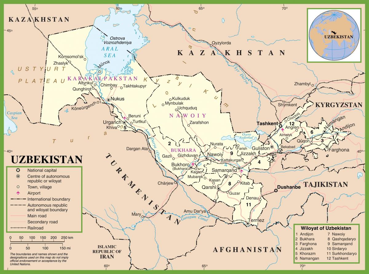 mapa político do Uzbequistão 