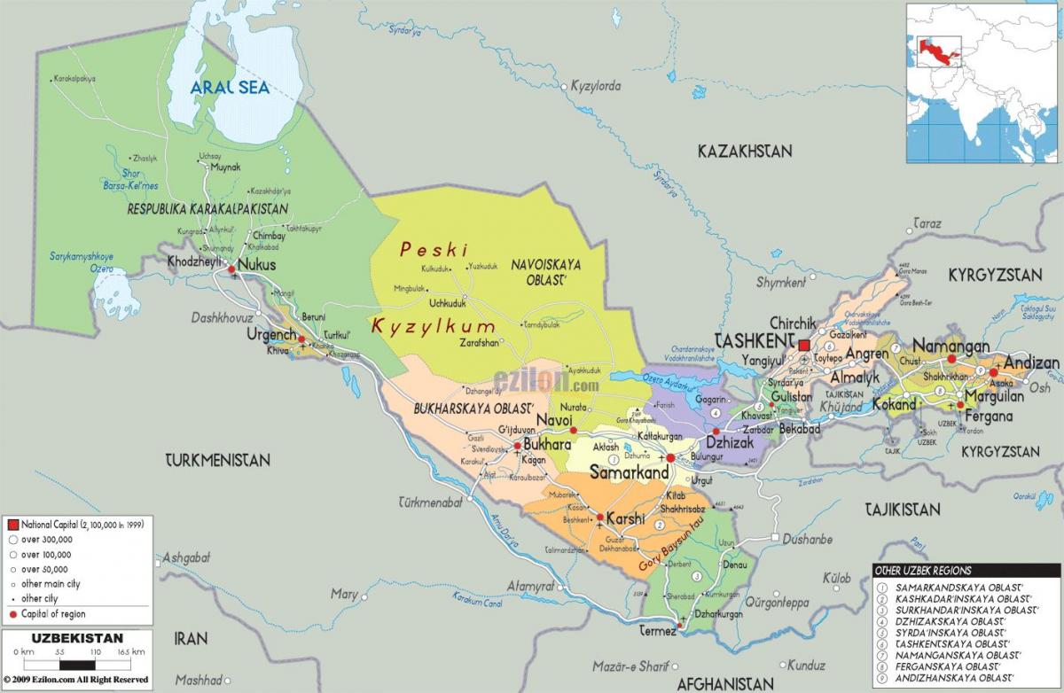 o mapa do Uzbequistão